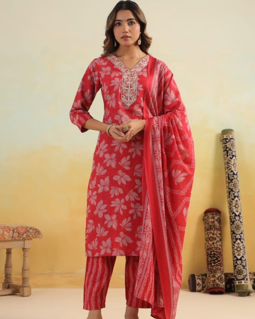 Elegant Pure Cotton Dress Set with Dupatta & Pant – Breathable & Stylish (Red)