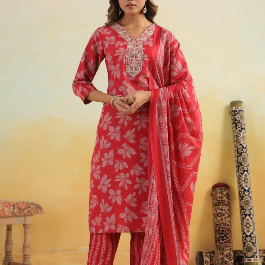 Elegant Pure Cotton Dress Set with Dupatta & Pant – Breathable & Stylish (Red)