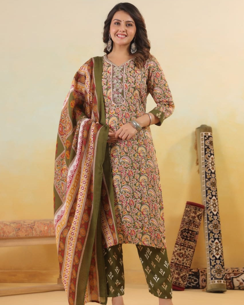 Elegant Pure Cotton Dress Set with Dupatta & Pant – Breathable & Stylish (Multi)