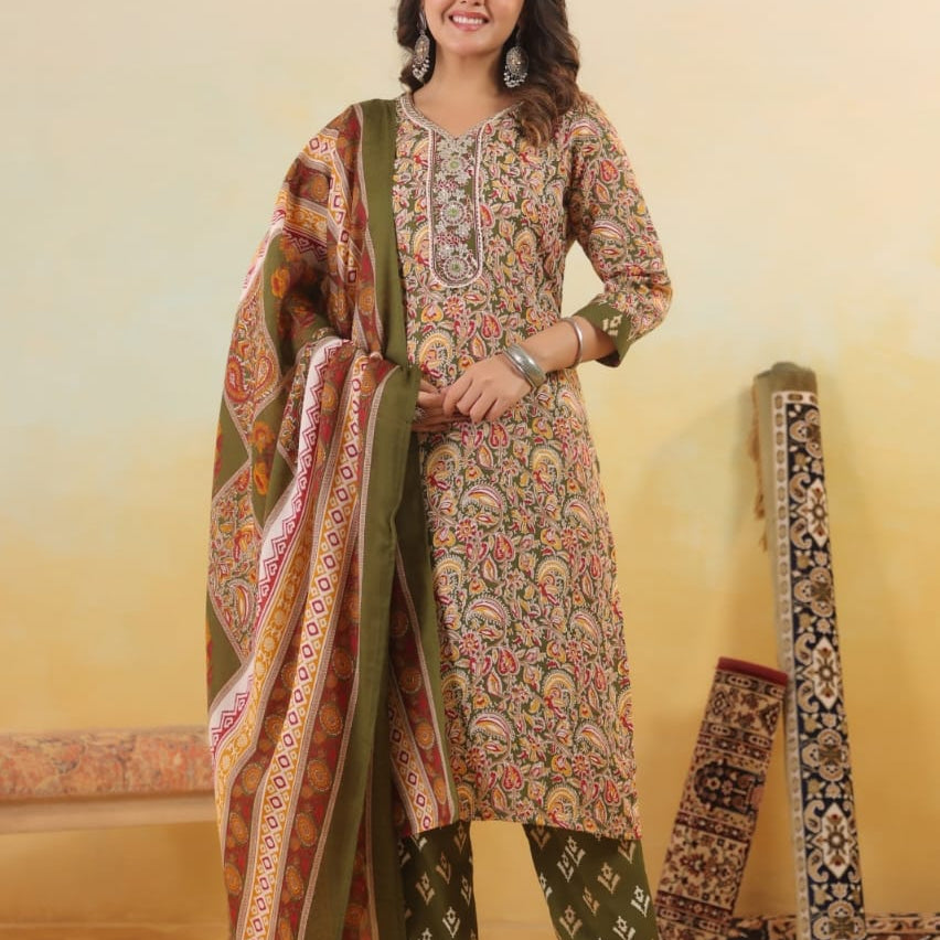 Elegant Pure Cotton Dress Set with Dupatta & Pant – Breathable & Stylish (Multi)