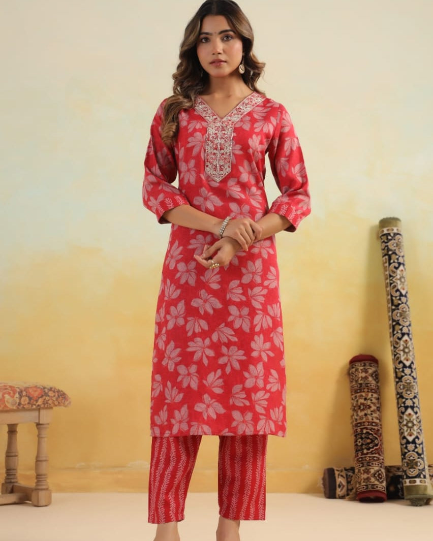 Elegant Pure Cotton Dress Set with Dupatta & Pant – Breathable & Stylish (Red)