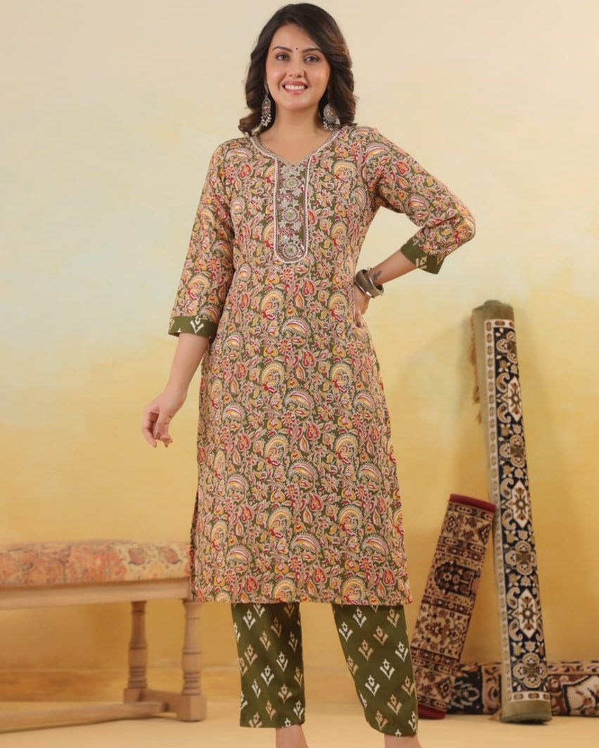 Elegant Pure Cotton Dress Set with Dupatta & Pant – Breathable & Stylish (Multi)