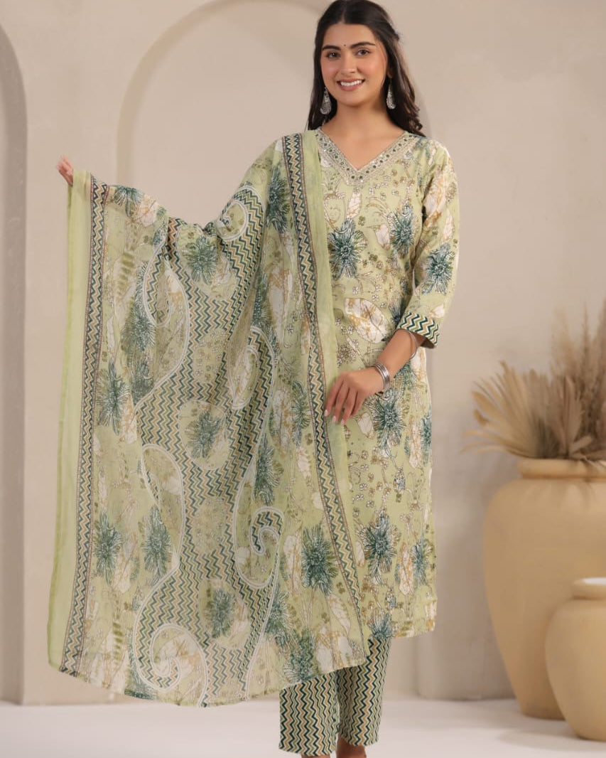 Elegant Pure Cotton Dress Set with Dupatta & Pant – Breathable & Stylish (Multi)