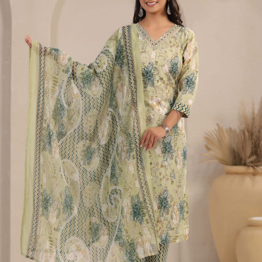 Elegant Pure Cotton Dress Set with Dupatta & Pant – Breathable & Stylish (Multi)