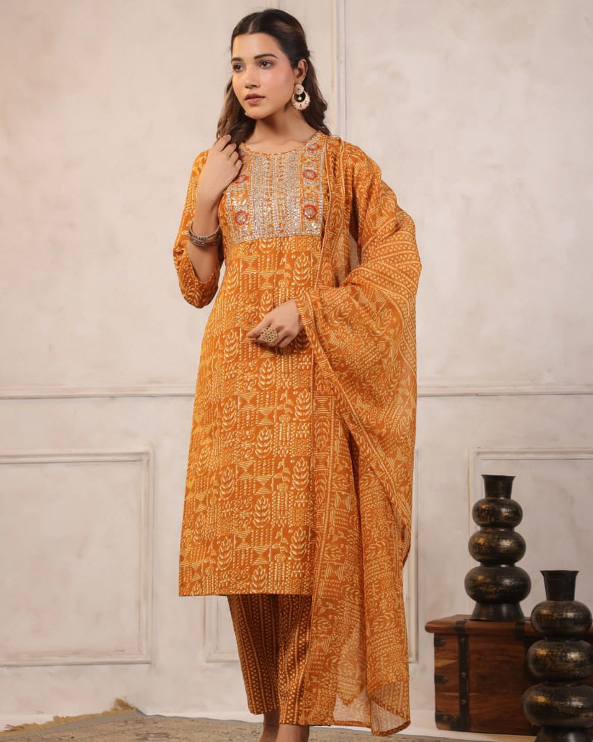 Elegant Pure Cotton Dress Set with Dupatta & Pant – Breathable & Stylish (Orange)