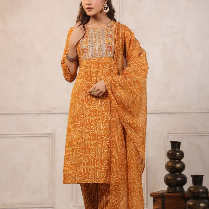 Elegant Pure Cotton Dress Set with Dupatta & Pant – Breathable & Stylish (Orange)