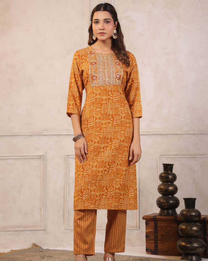 Elegant Pure Cotton Dress Set with Dupatta & Pant – Breathable & Stylish (Orange)