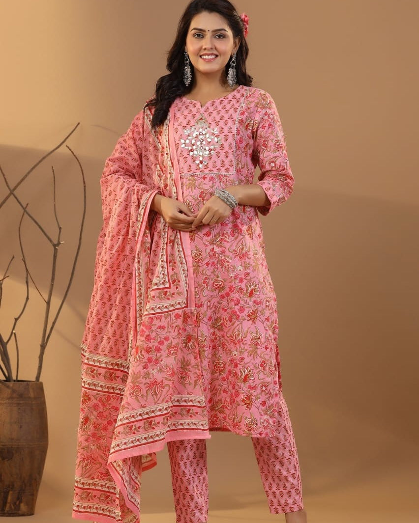Elegant Pure Cotton Dress Set with Dupatta & Pant – Breathable & Stylish (Pink)