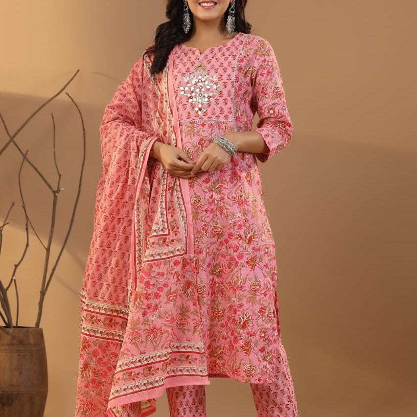Elegant Pure Cotton Dress Set with Dupatta & Pant – Breathable & Stylish (Pink)