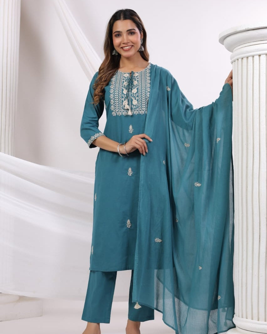 Elegant Pure Cotton Dress Set with Dupatta & Pant – Breathable & Stylish (Blue)