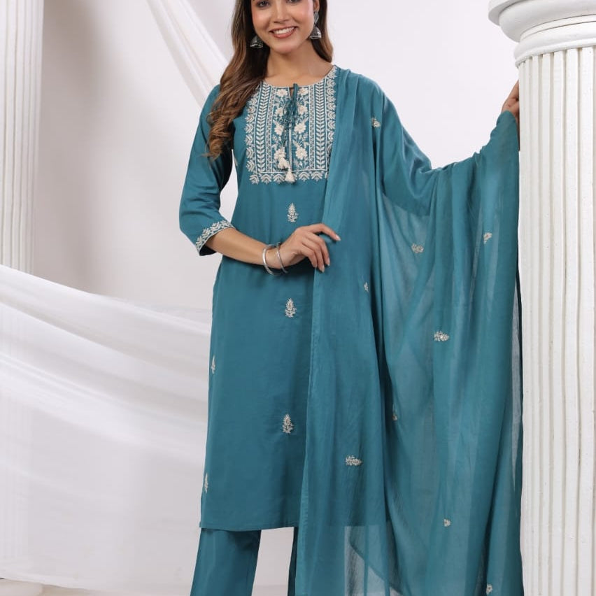 Elegant Pure Cotton Dress Set with Dupatta & Pant – Breathable & Stylish (Blue)