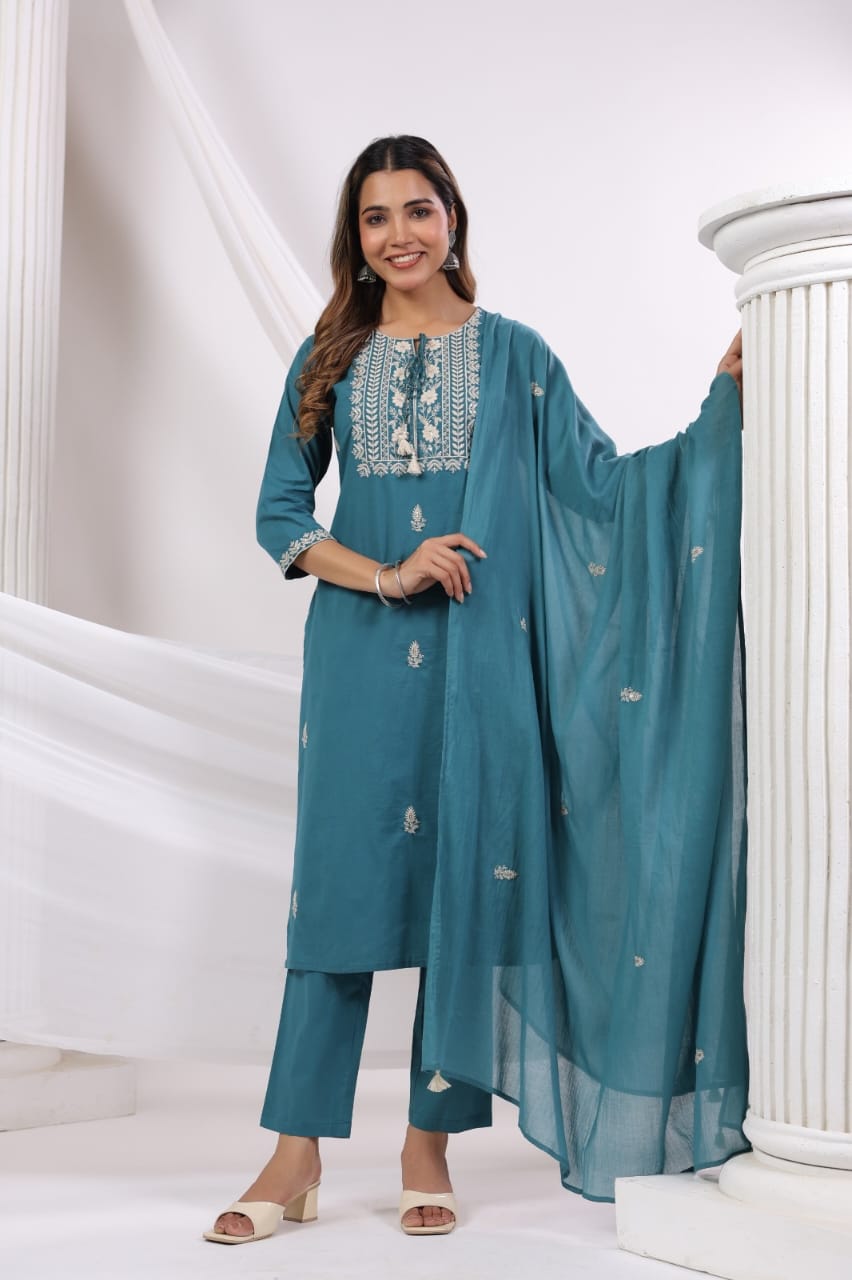 Elegant Pure Cotton Dress Set with Dupatta & Pant – Breathable & Stylish (Blue)