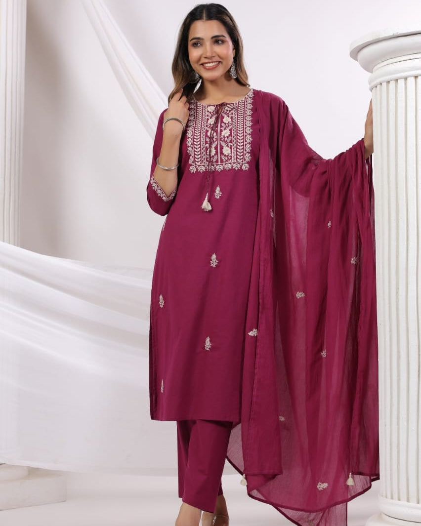 Elegant Pure Cotton Dress Set with Dupatta & Pant – Breathable & Stylish (Red)