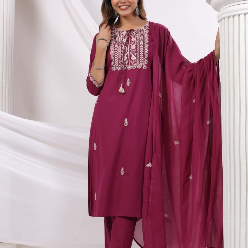 Elegant Pure Cotton Dress Set with Dupatta & Pant – Breathable & Stylish (Red)