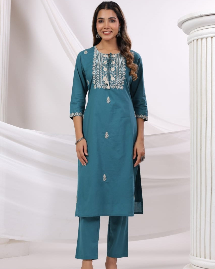 Elegant Pure Cotton Dress Set with Dupatta & Pant – Breathable & Stylish (Blue)