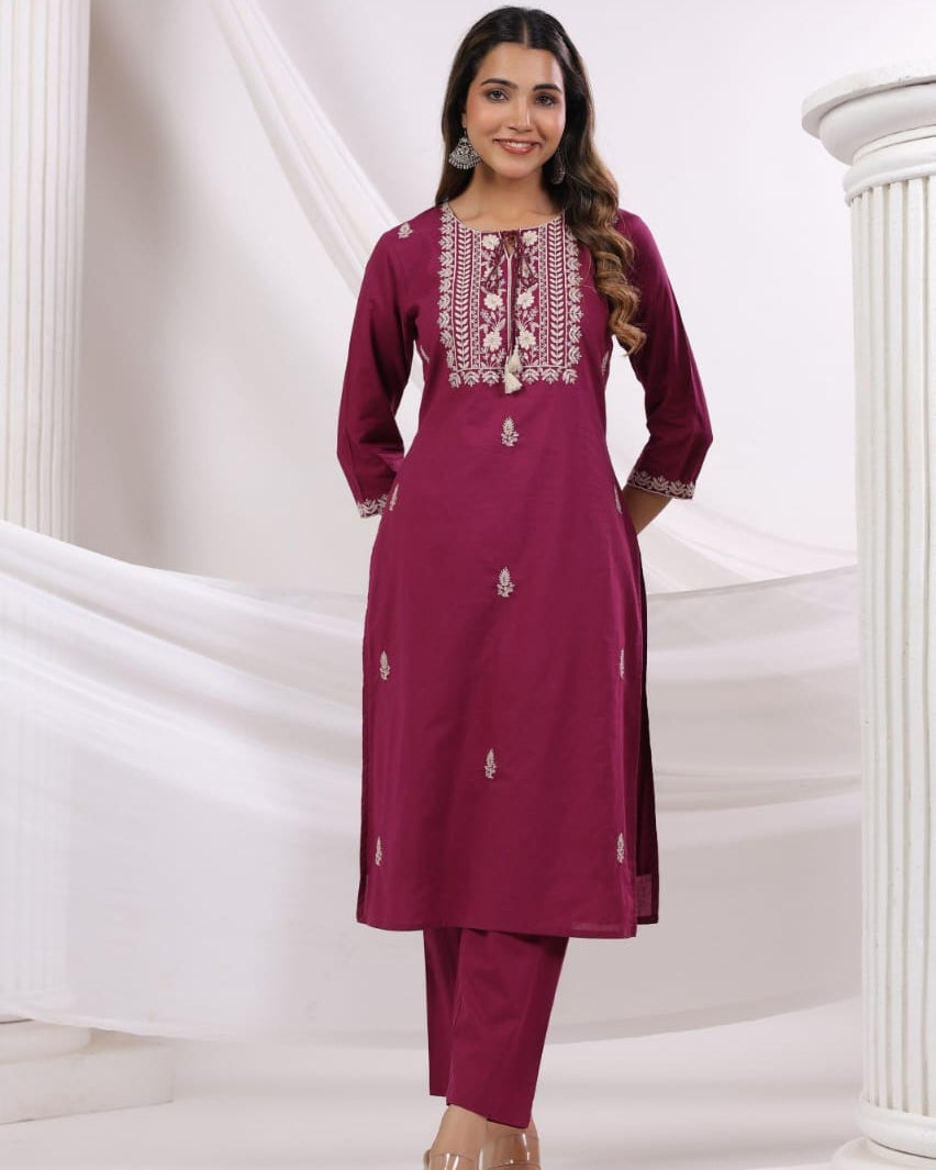 Elegant Pure Cotton Dress Set with Dupatta & Pant – Breathable & Stylish (Red)