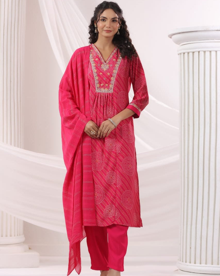 Elegant Pure Cotton Dress Set with Dupatta & Pant – Breathable & Stylish (Pink)