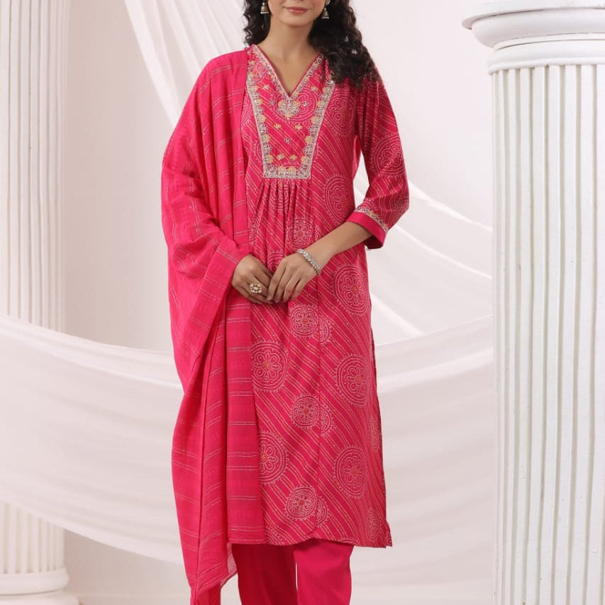 Elegant Pure Cotton Dress Set with Dupatta & Pant – Breathable & Stylish (Pink)