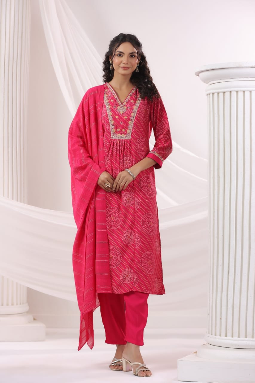 Elegant Pure Cotton Dress Set with Dupatta & Pant – Breathable & Stylish (Pink)