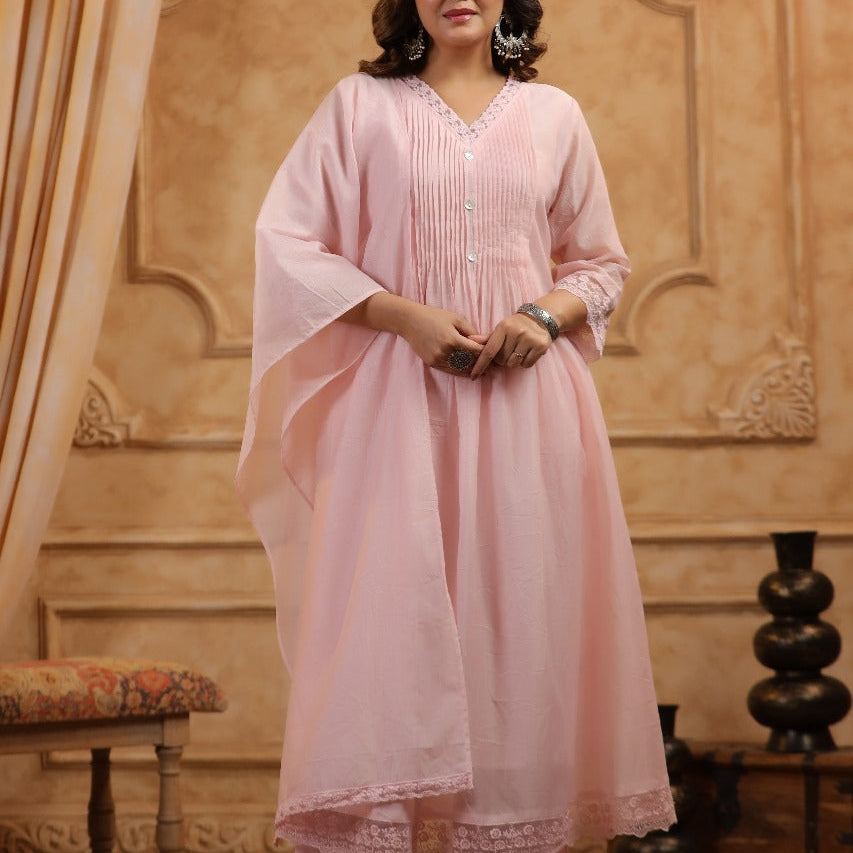 Elegant Pure Cotton Anarkali Dress Set with Dupatta & Pant Pink