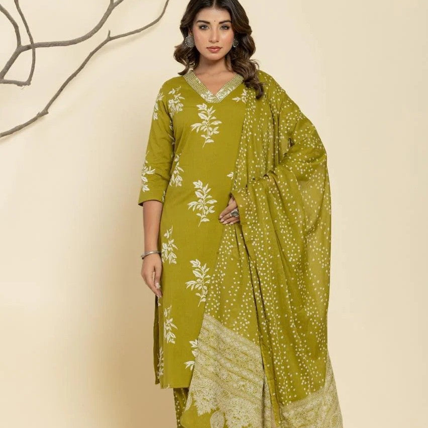 Elegant Pure Cotton Dress Set with Dupatta & Pant – Breathable & Stylish (Green)
