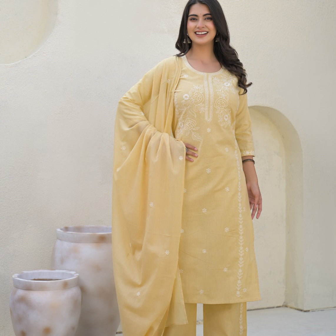 Elegant Pure Cotton Dress Set with Dupatta & Palazzo – Breathable & Stylish Yellow