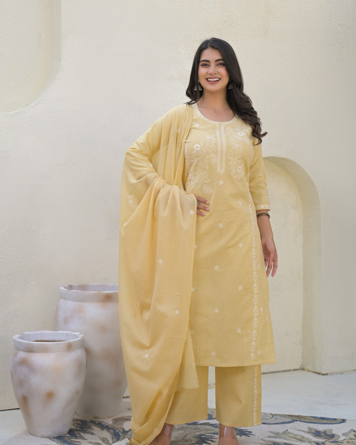 Elegant Pure Cotton Dress Set with Dupatta & Palazzo – Breathable & Stylish Yellow