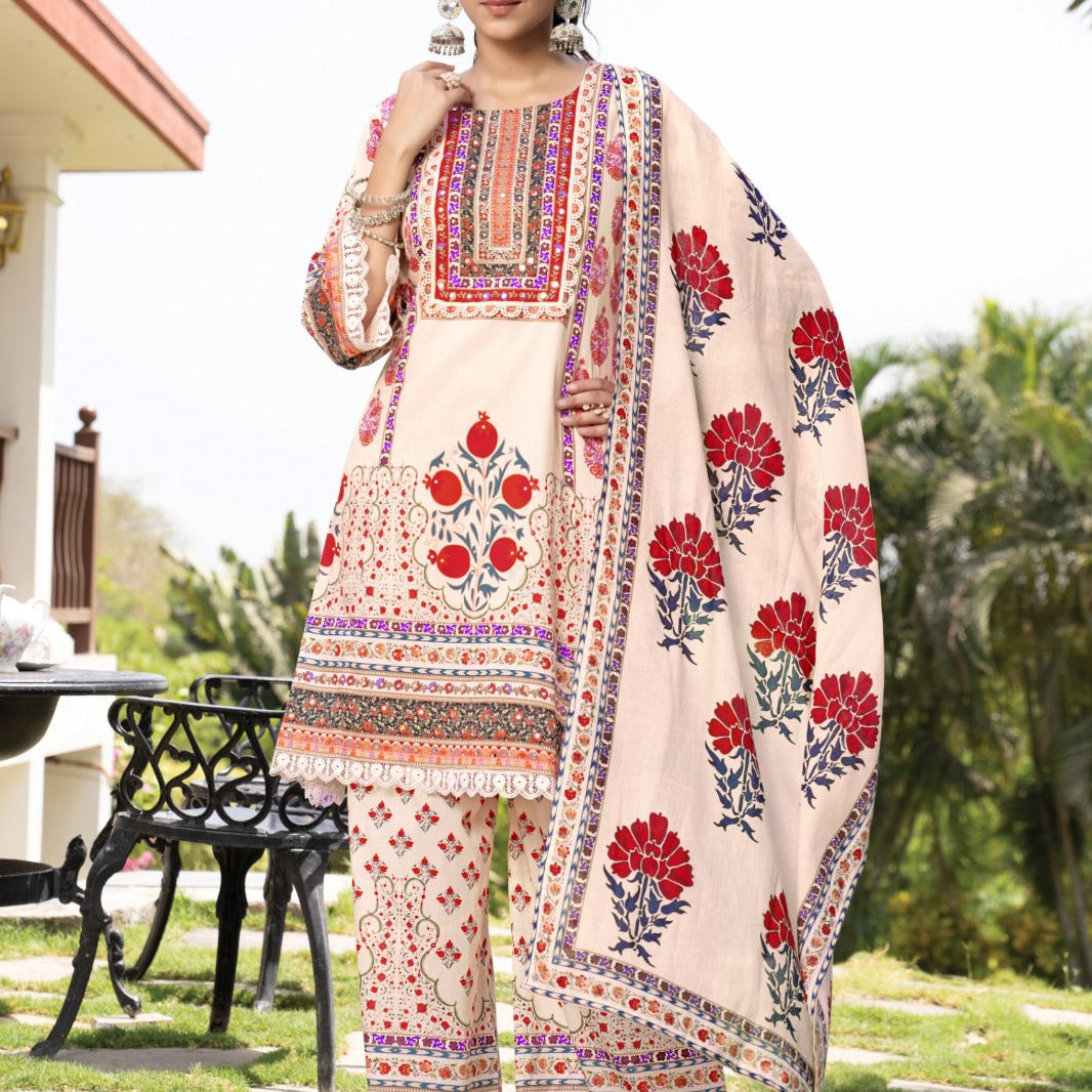 Elegant Pure Cotton Dress Set with Dupatta & Palazzo – Breathable & Stylish Multi