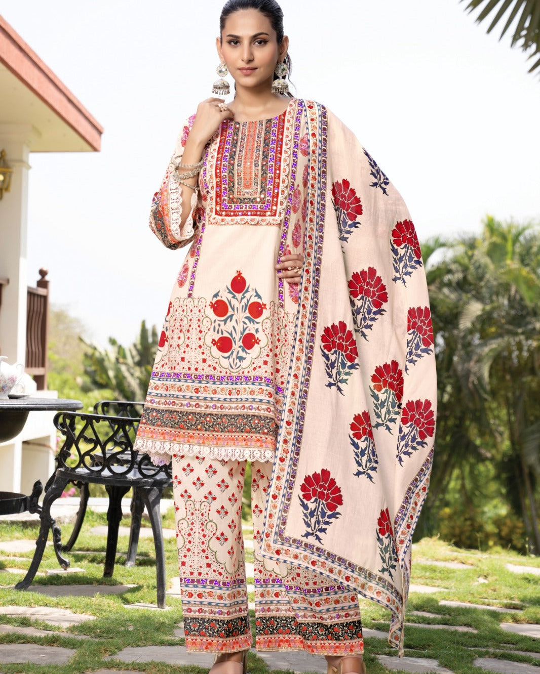 Elegant Pure Cotton Dress Set with Dupatta & Palazzo – Breathable & Stylish Multi