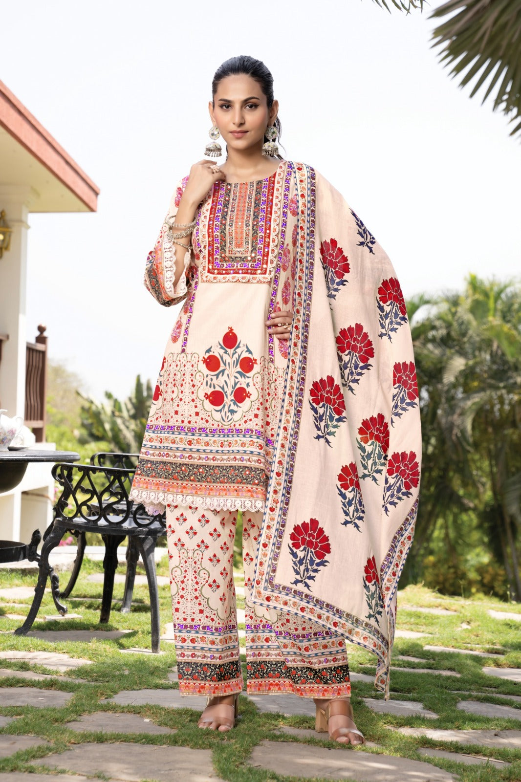 Elegant Pure Cotton Dress Set with Dupatta & Palazzo – Breathable & Stylish Multi
