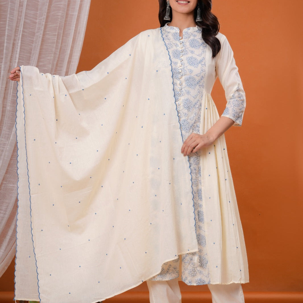 Elegant Pure Cotton Anarkali Dress Set with Dupatta & Pant White