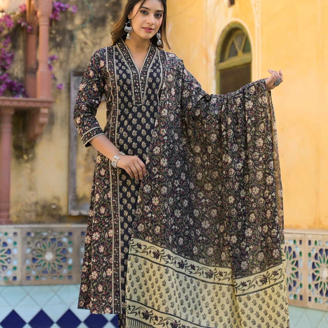 Elegant Pure Cotton Anarkali Dress Set with Dupatta & Pant Black