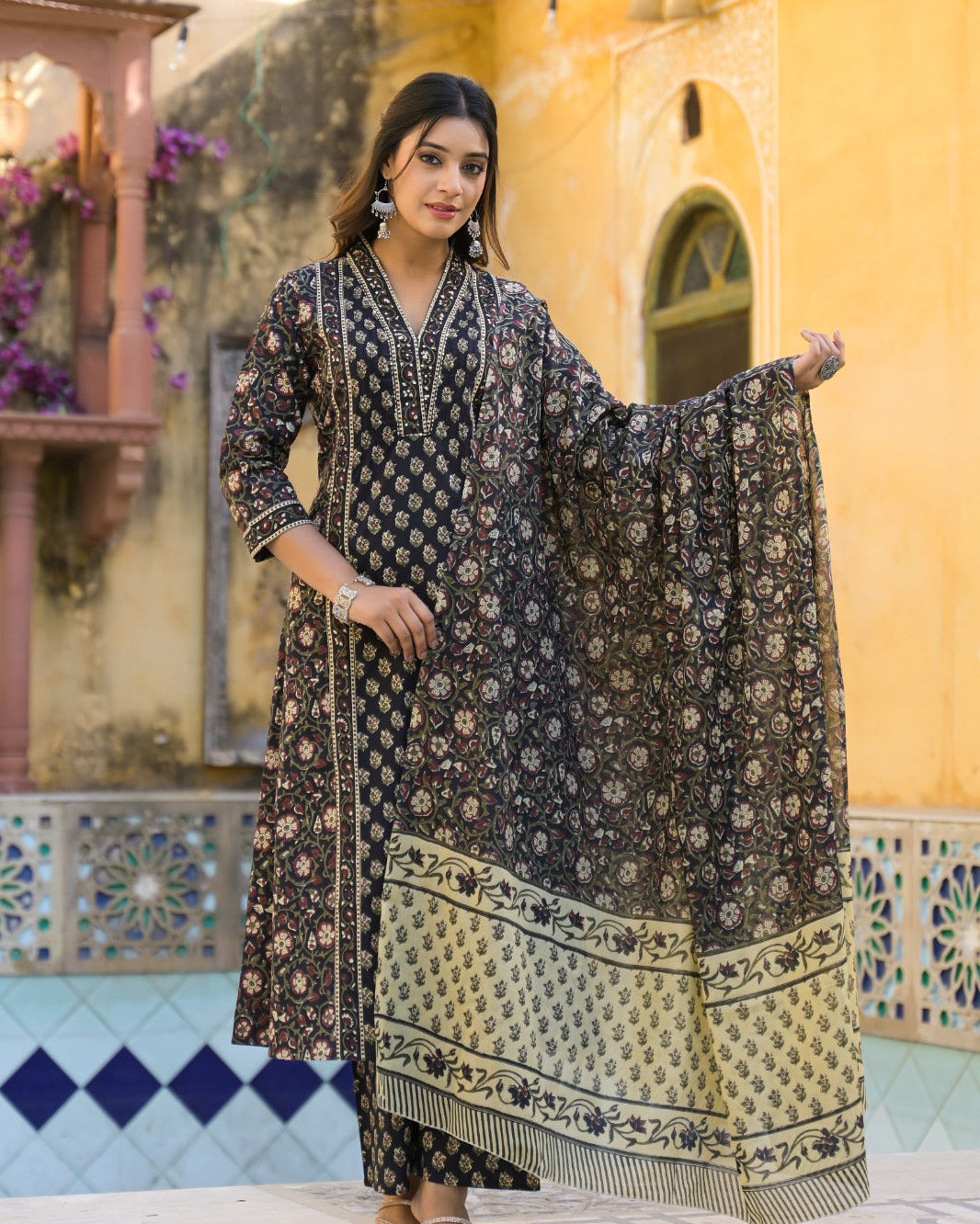 Elegant Pure Cotton Anarkali Dress Set with Dupatta & Pant Black