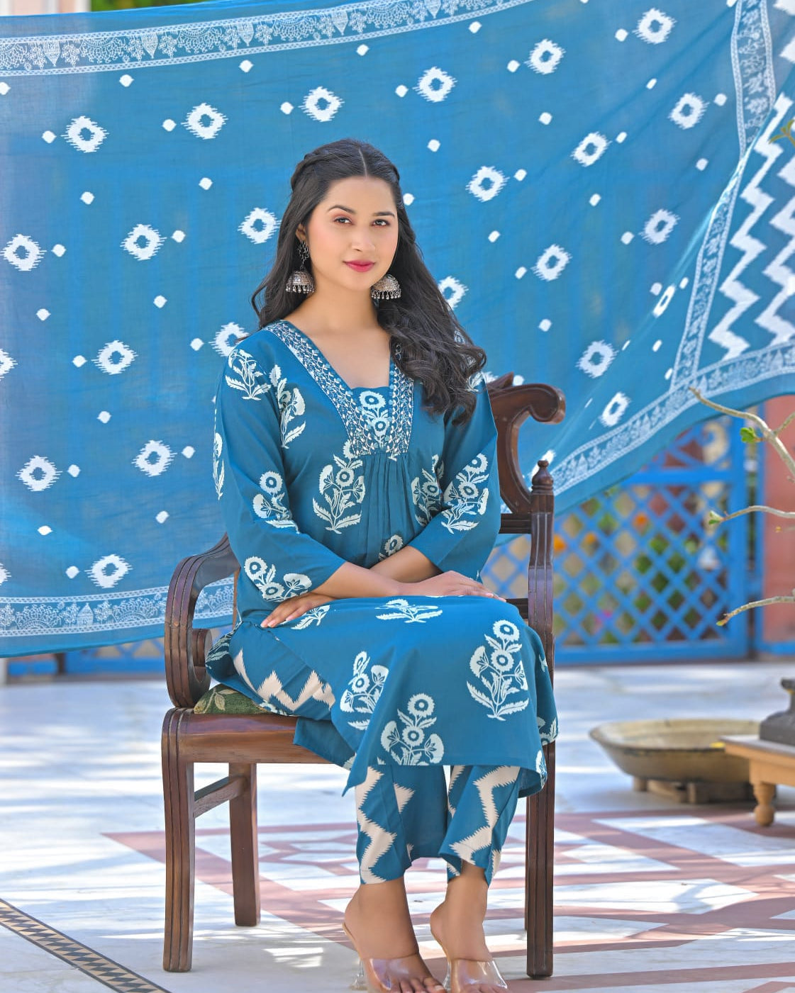 Elegant Pure Cotton Anarkali Dress Set with Dupatta & Pant Blue