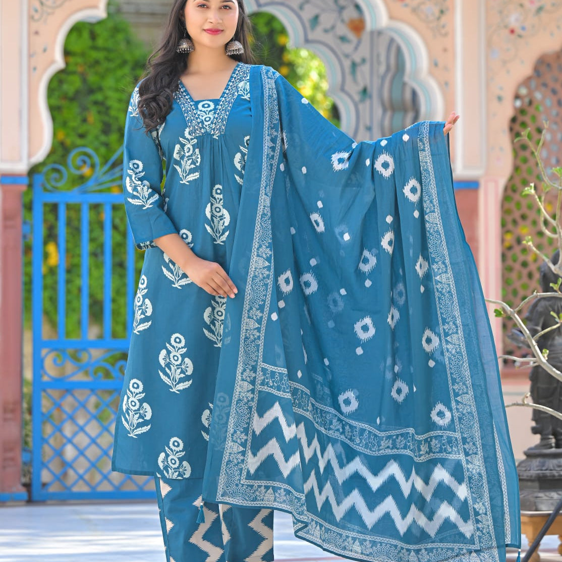 Elegant Pure Cotton Anarkali Dress Set with Dupatta & Pant Blue