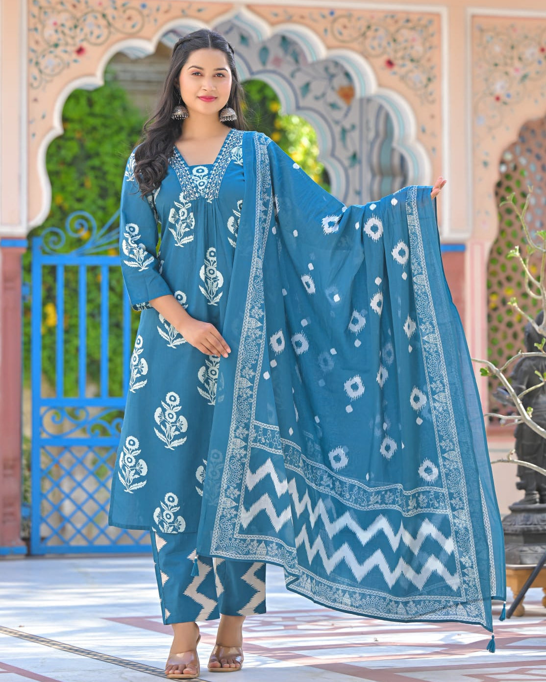 Elegant Pure Cotton Anarkali Dress Set with Dupatta & Pant Blue