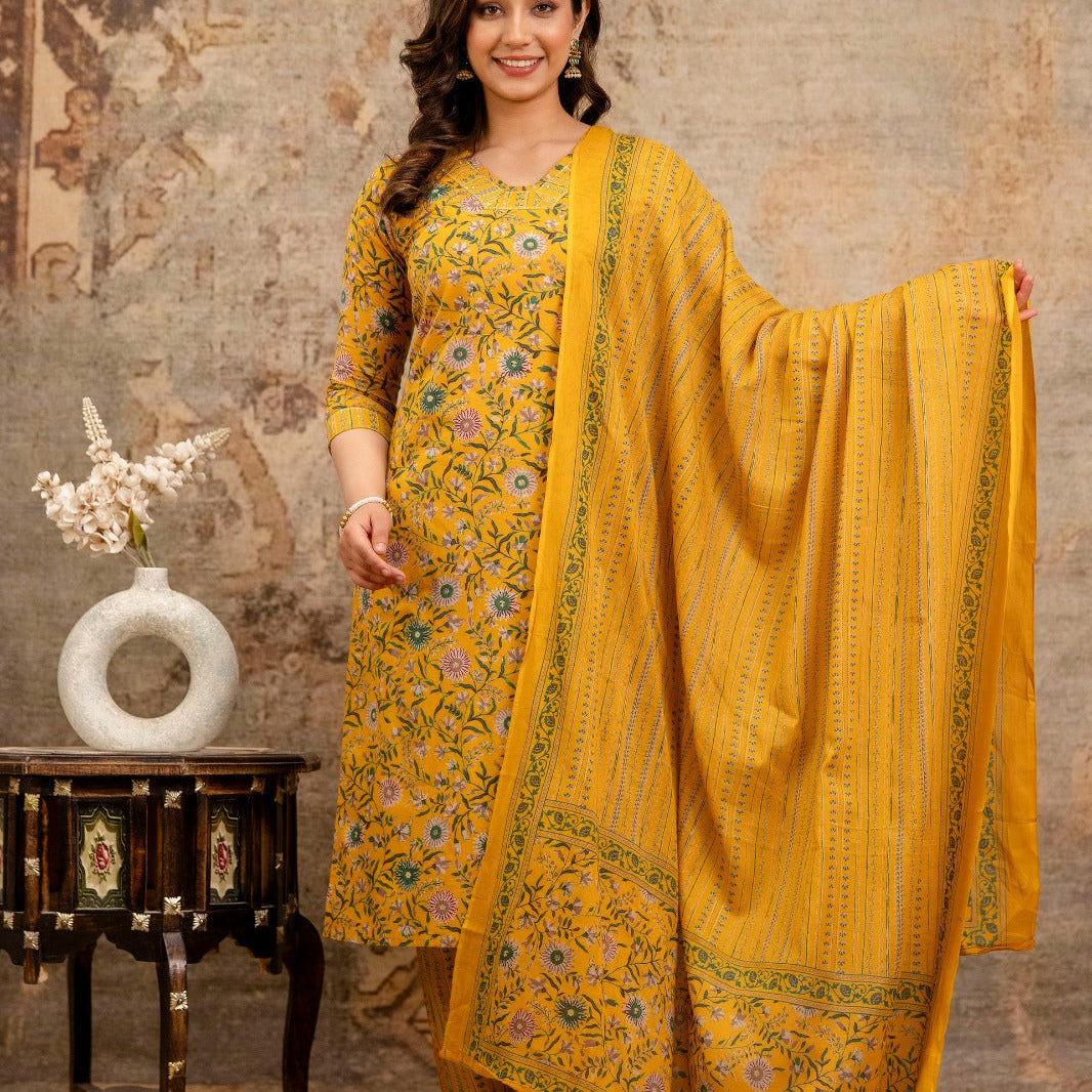 Elegant Pure Cotton Dress with Matching Dupatta – Breathable & Stylish Yellow