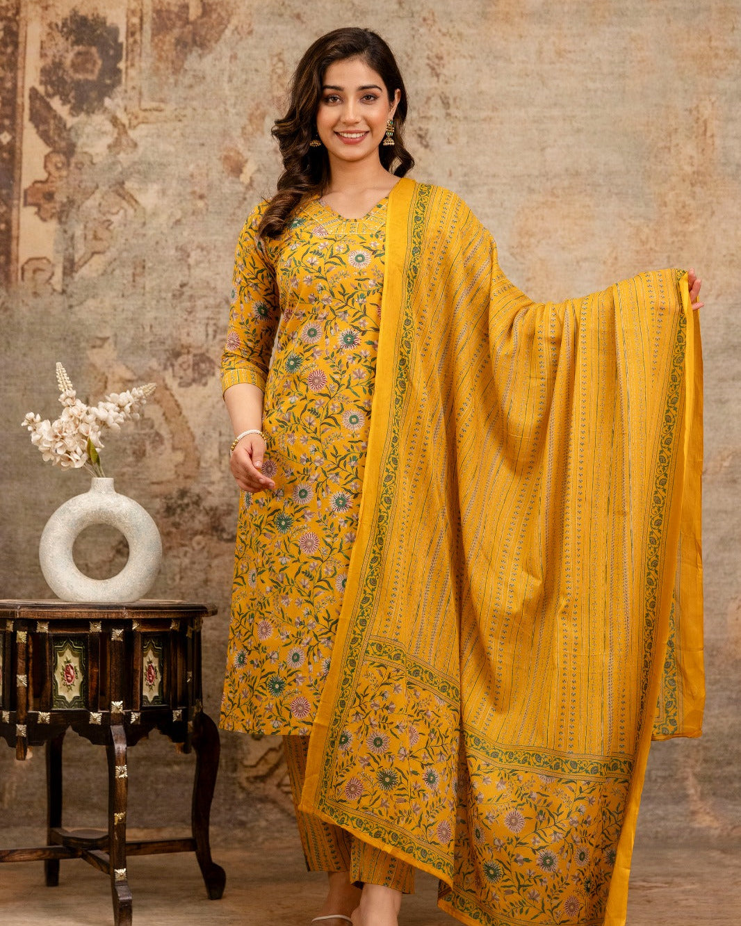 Elegant Pure Cotton Dress with Matching Dupatta – Breathable & Stylish Yellow