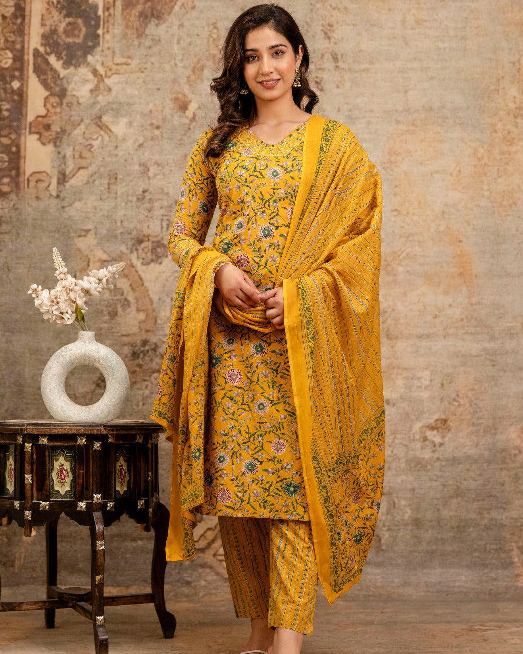 Elegant Pure Cotton Dress with Matching Dupatta – Breathable & Stylish Yellow