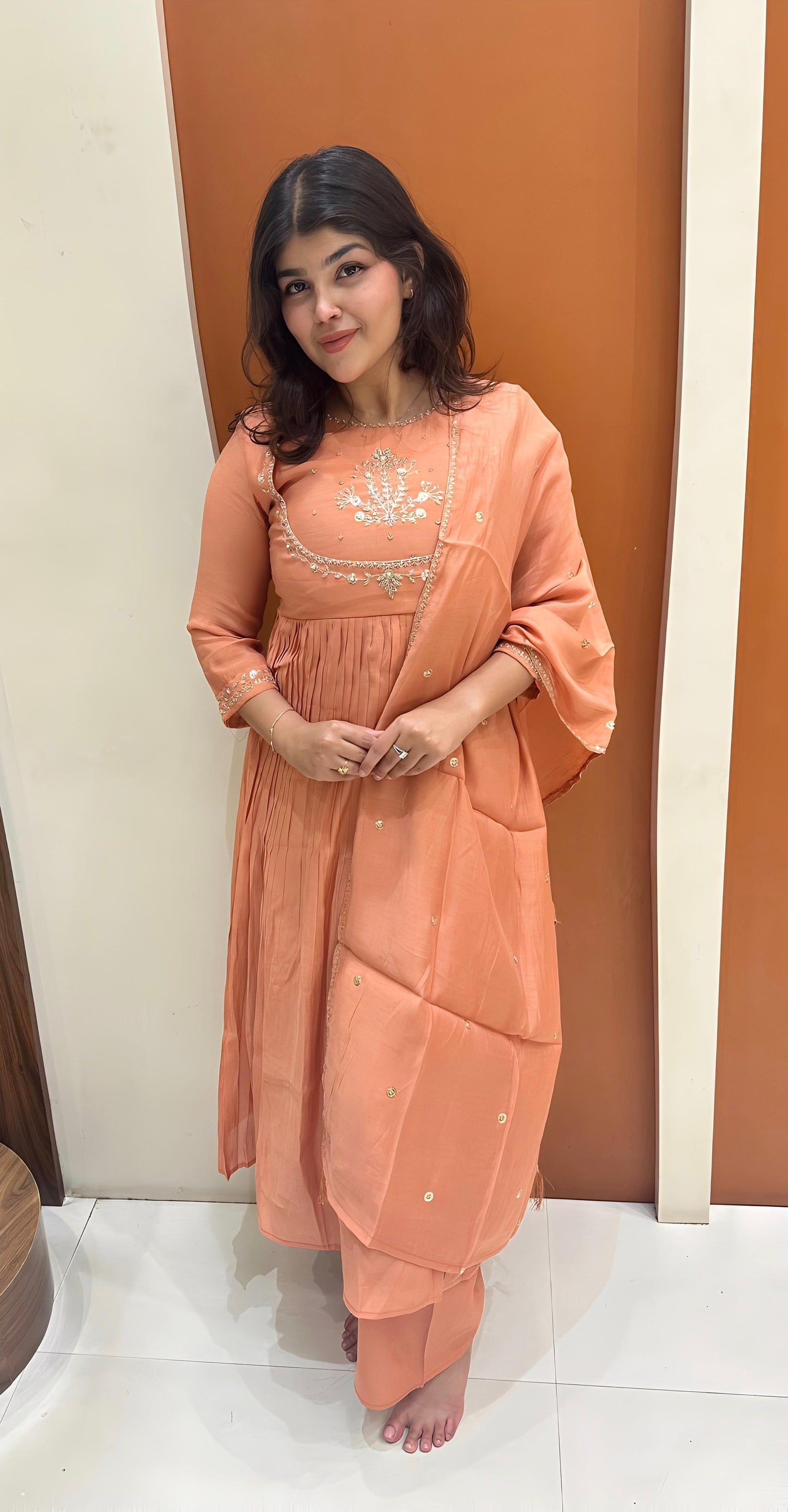 Graceful Mul Chanderi Handwork Dress (Orange)