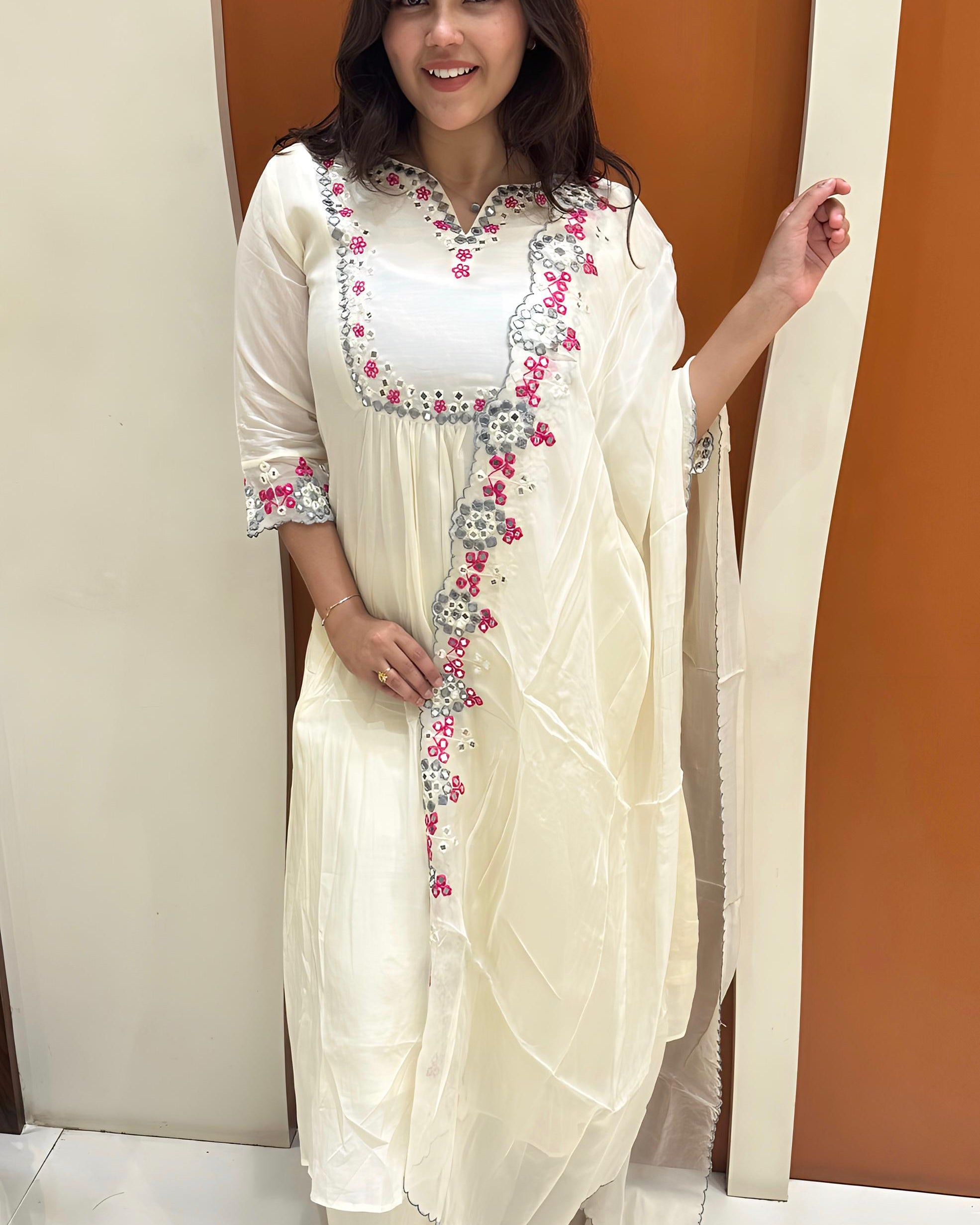Graceful Mul Chanderi Handwork Dress (White)
