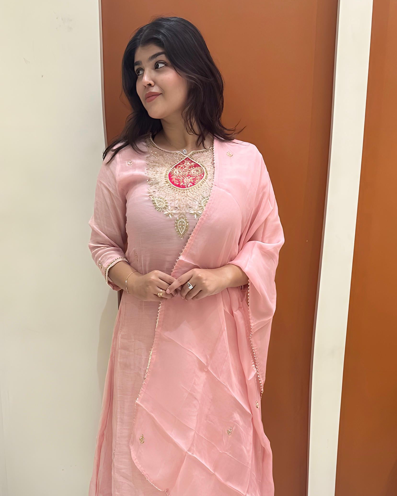 Timeless Pure Dola Silk Dress with Embroidered Accents (Pink)