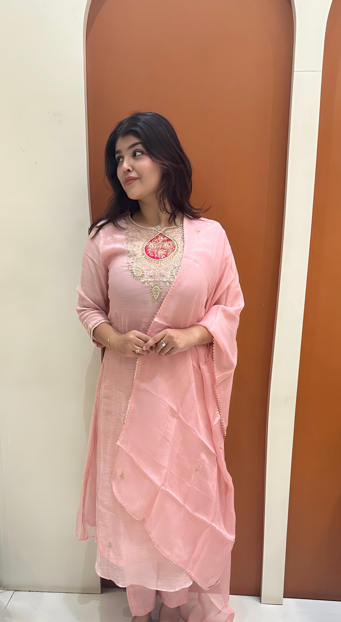 Timeless Pure Dola Silk Dress with Embroidered Accents (Pink)