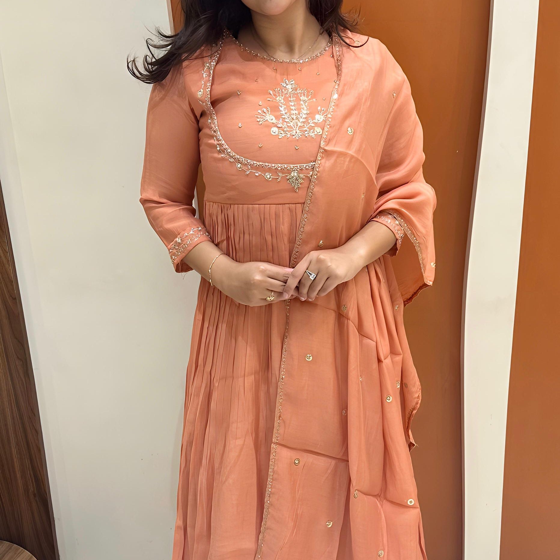 Graceful Mul Chanderi Handwork Dress (Orange)