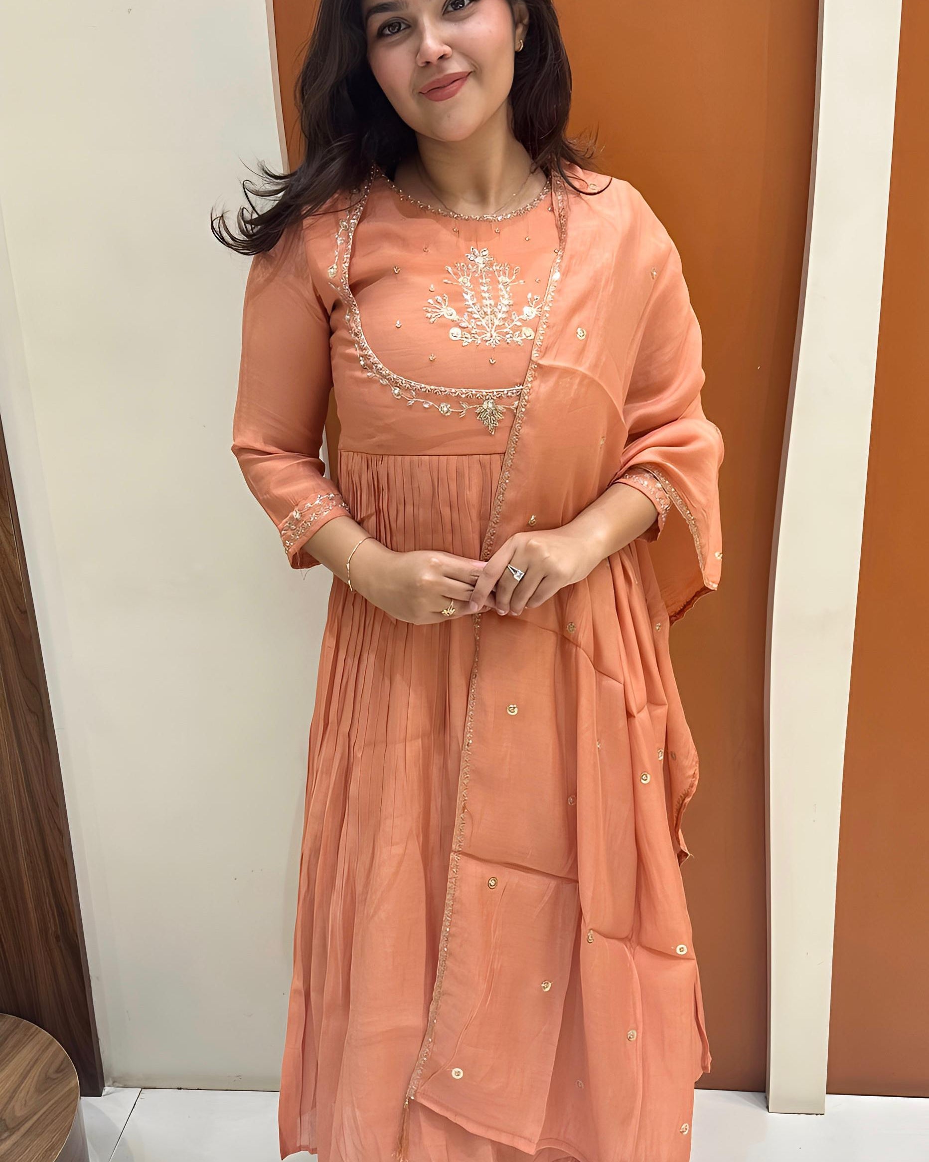 Graceful Mul Chanderi Handwork Dress (Orange)