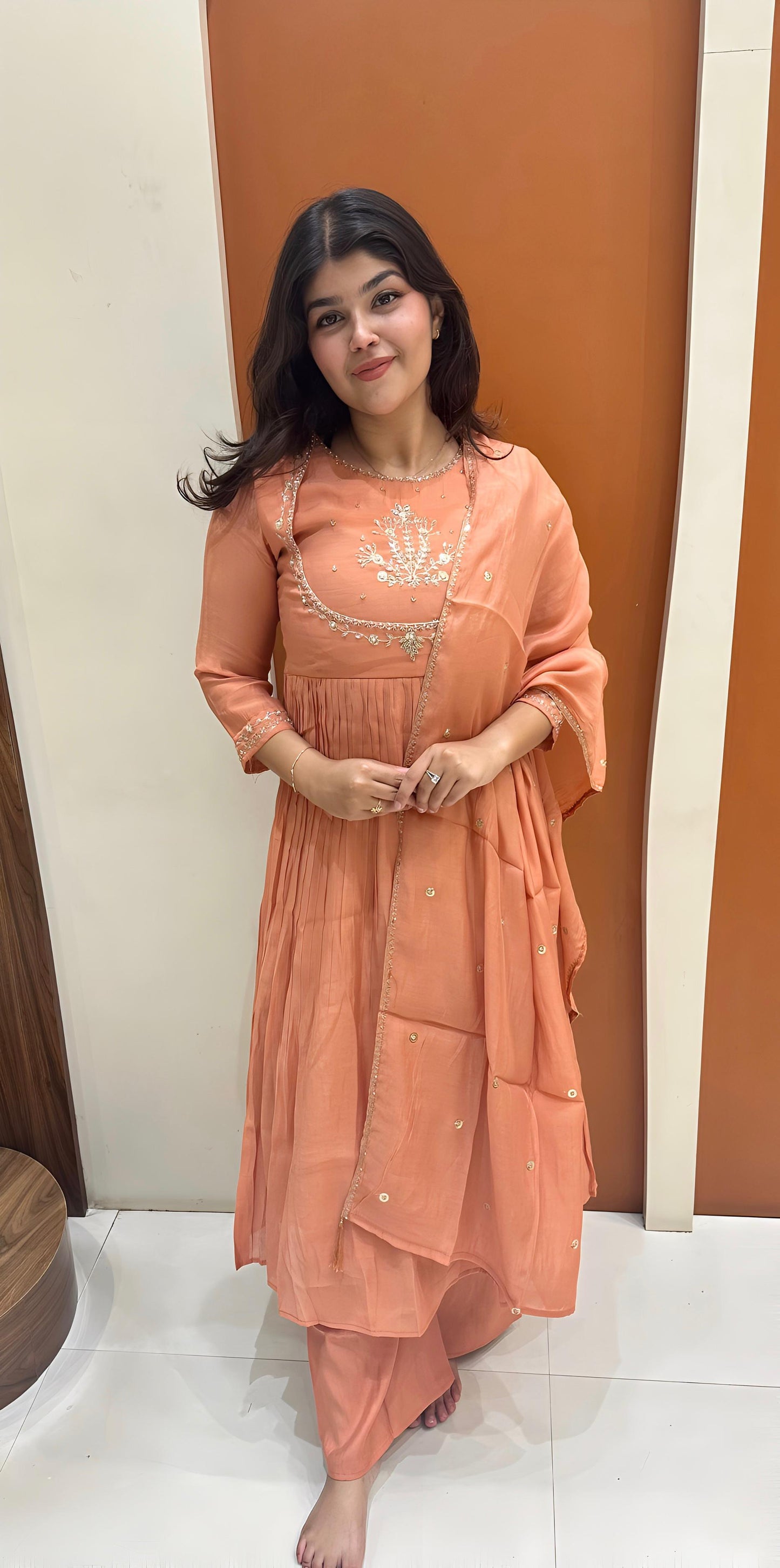 Graceful Mul Chanderi Handwork Dress (Orange)