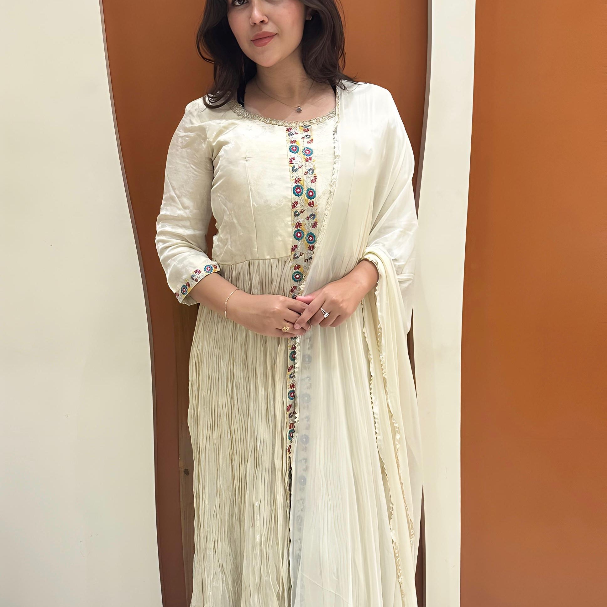 Elegant Tissue Fabric Dress with Hand Embroidered Details (White)