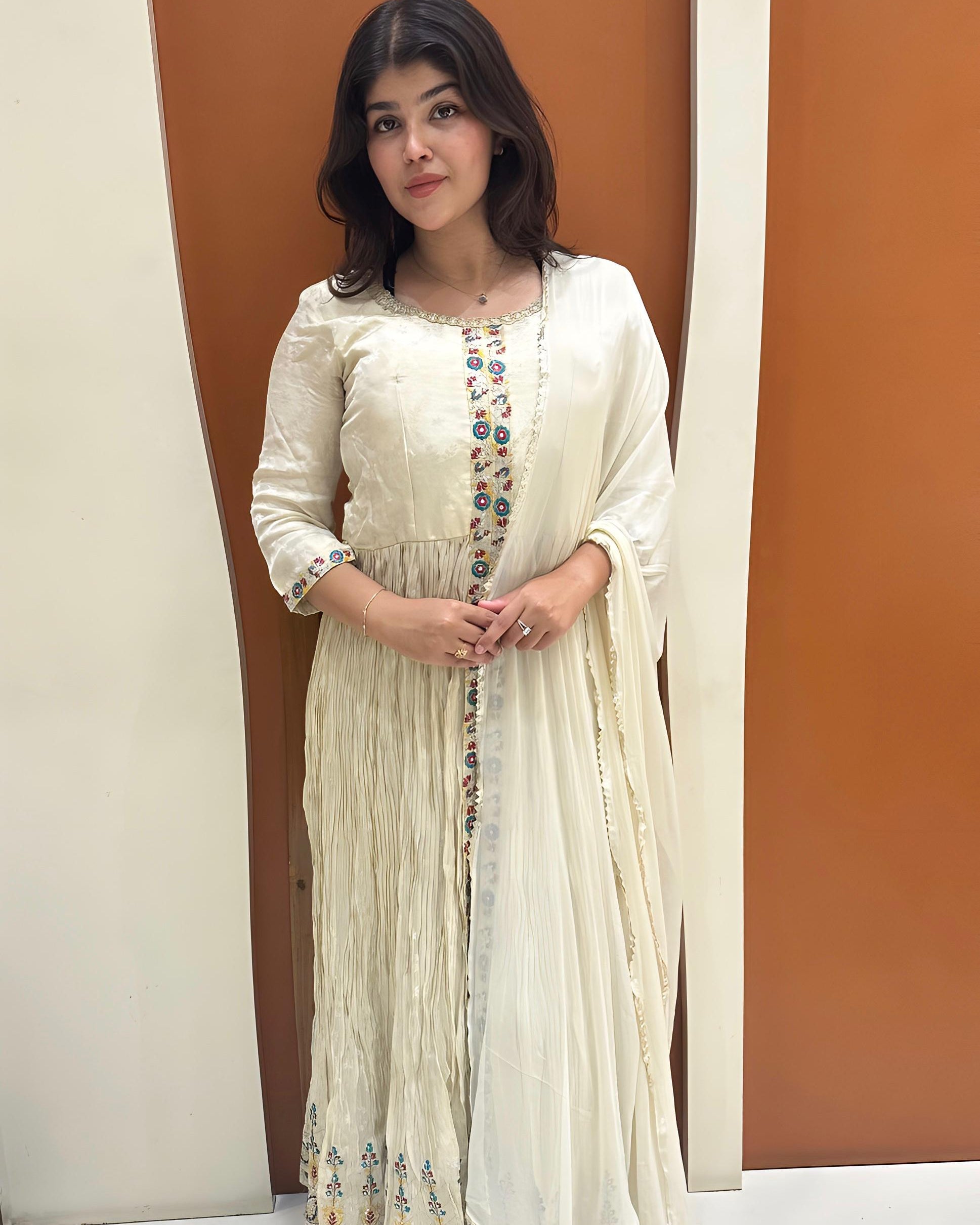 Elegant Tissue Fabric Dress with Hand Embroidered Details (White)