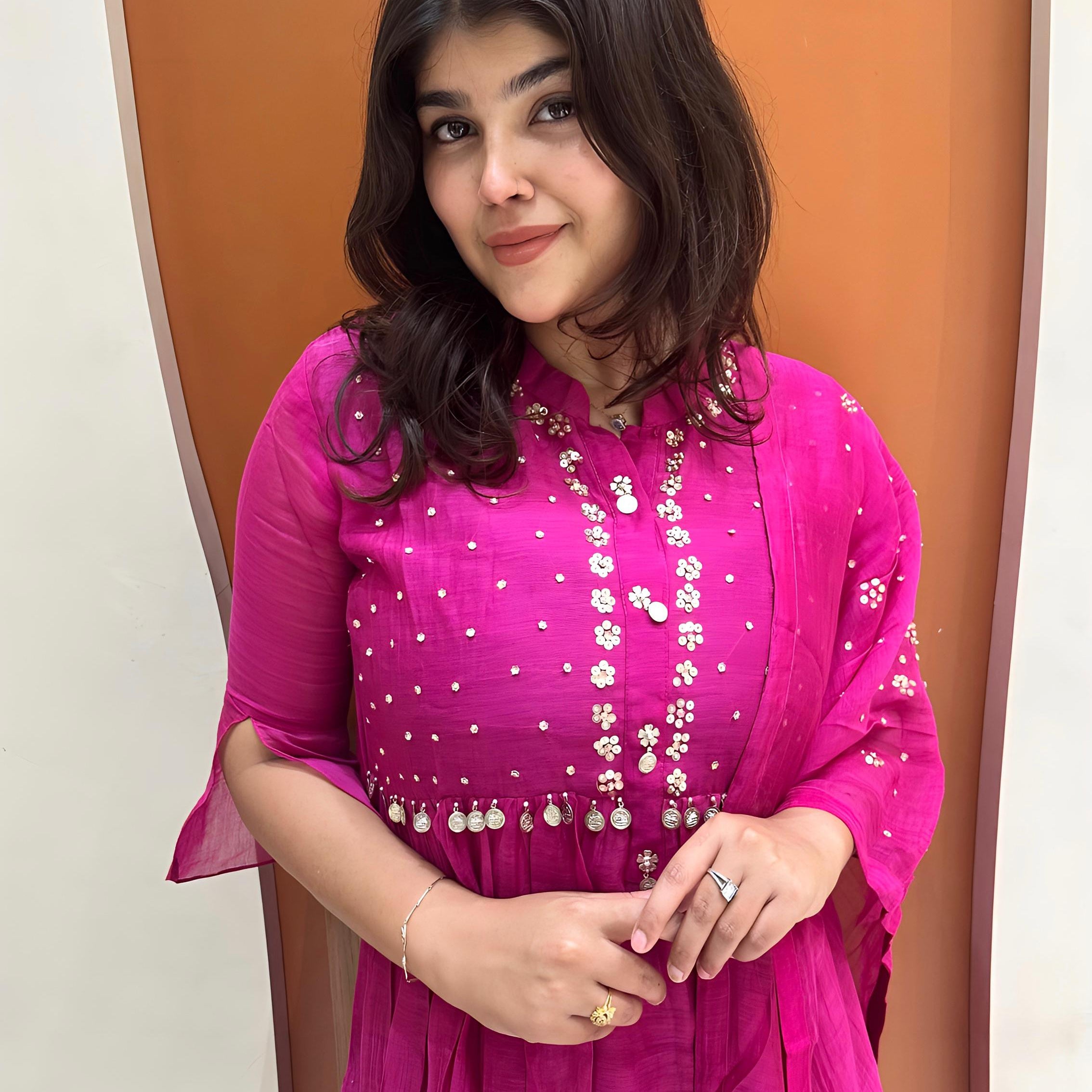 Graceful Mul Chanderi Handwork Dress (Pink)