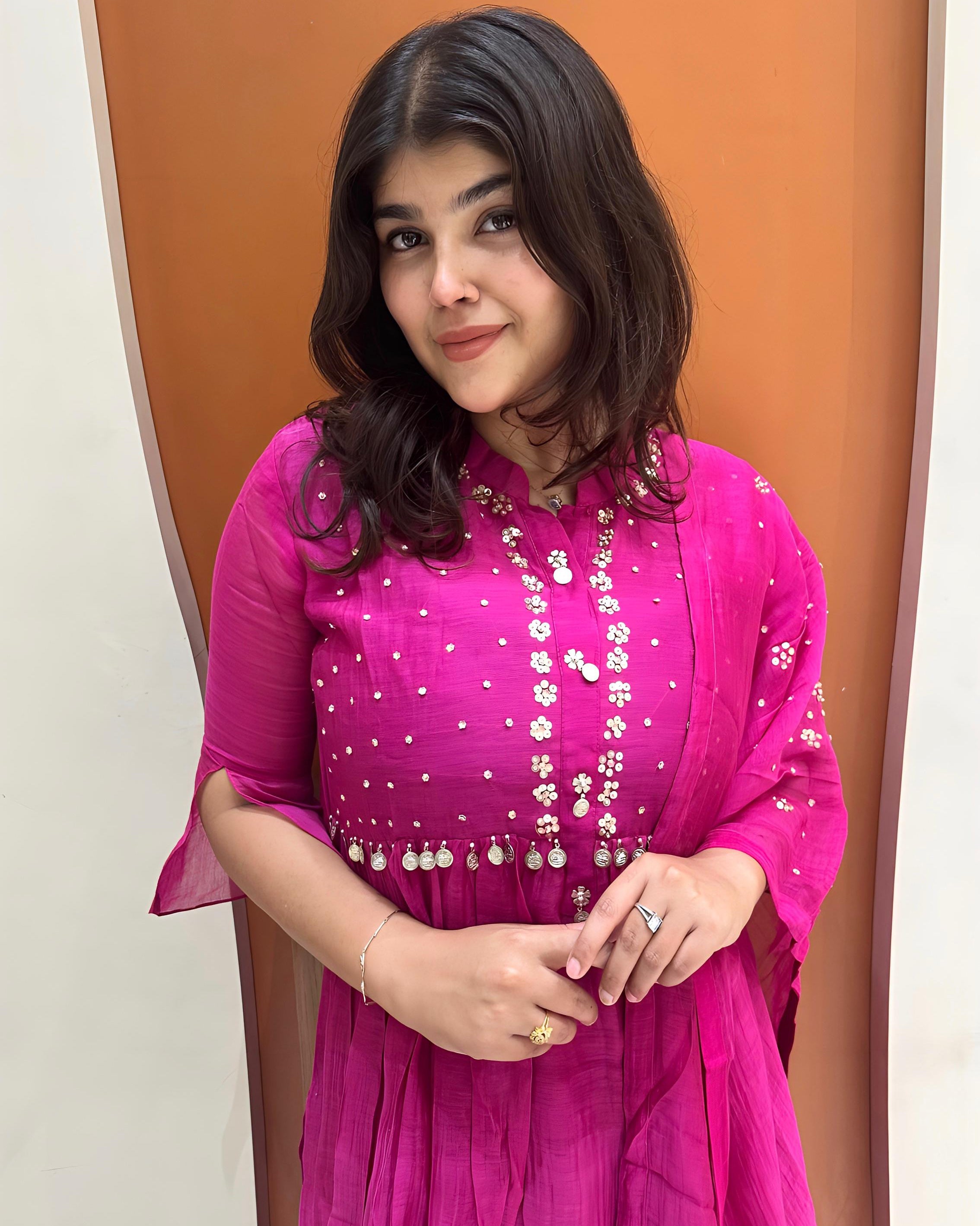 Graceful Mul Chanderi Handwork Dress (Pink)